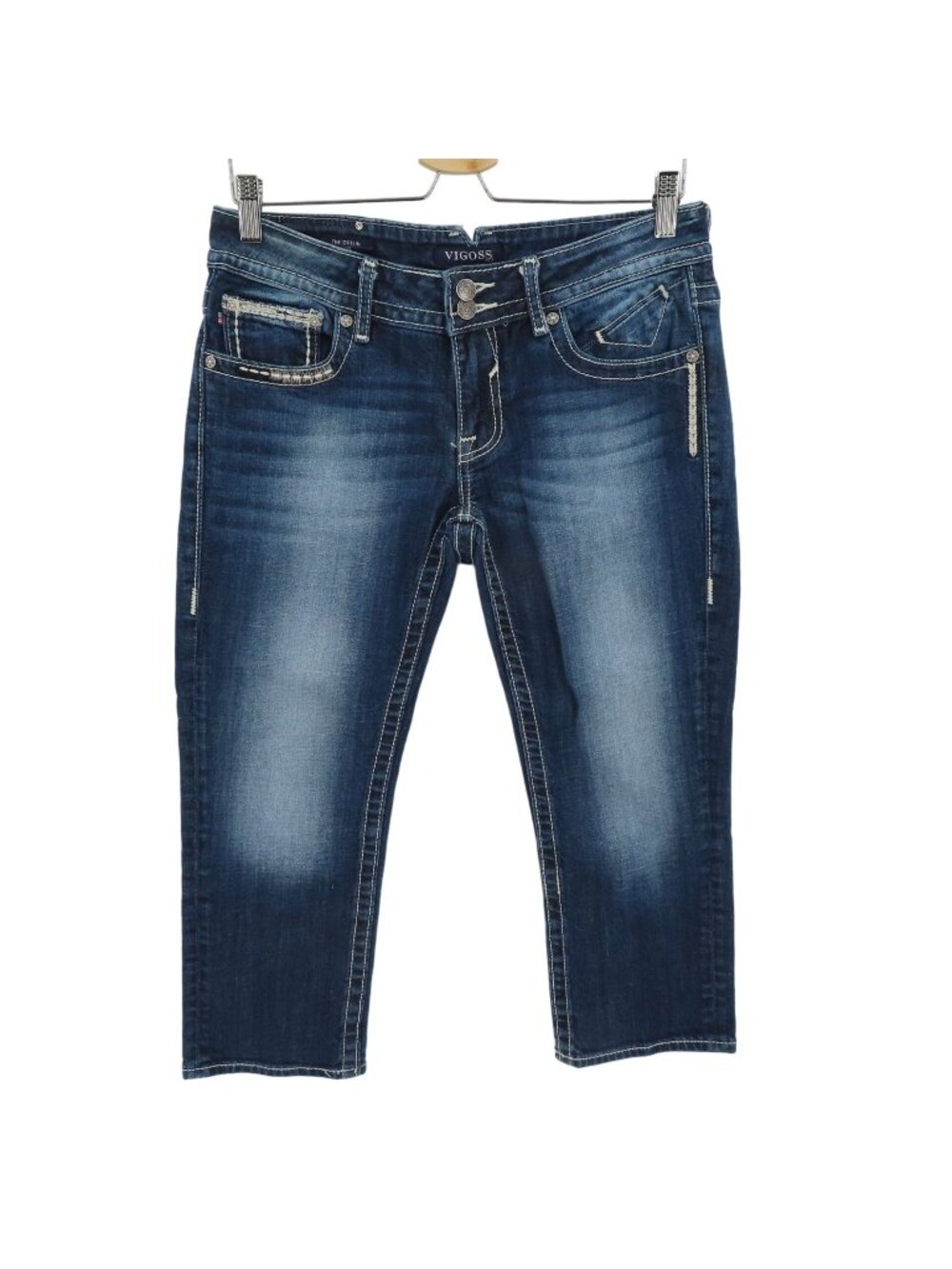 Vigoss Womens 29 Dublin Capri Blue Silver Pyramid Studded Embroidered Denim Jean